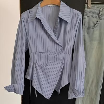 TEMU Women's Casual Striped Shirt With Asymmetrical Irregular Waistband - Slimming Relaxed Fit, Vertical Stripes, Machine Washable Spring/fall Top, Spring Fashion | Nontransparent Fabric Image