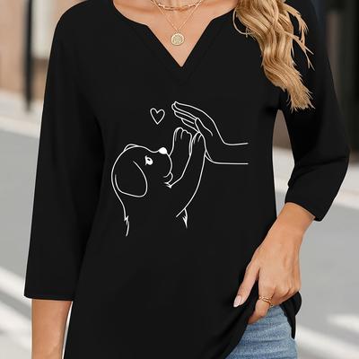 TEMU Women's Casual Dog & Heart Graphic Print V-neck Three-quarter Sleeve T-shirt - Lightweight Stretchy Spring Summer Top With Applique Detail, Machine Washable, Dog Tee Shirts, Soft Fabric Shirt Image