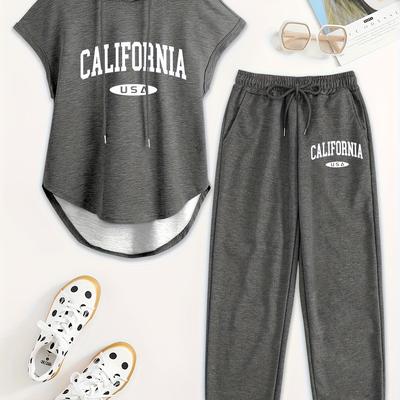 TEMU Women' Piece Drawstring Sleeveless Hooded Top Summer Letter Print Pants, Elastic Waist Casual Pants, Pants Set Image