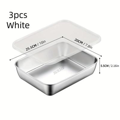 TEMU 3pcs Stainless Steel Food Storage Containers Set With Black Lids, Microwave Safe, Leak Proof, Reusable, Square Shape, Closure, Multipurpose Use, Food Contact Safe Image