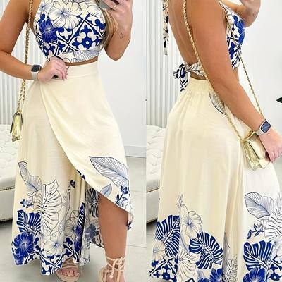 TEMU European And Women's New Summer Ink Tropical Halter Neck Top And Midi Skirt Set Two-piece Outfit Image