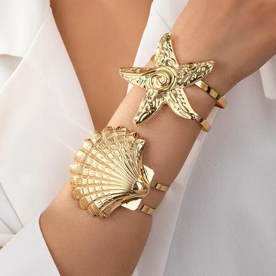 TEMU 1 Set Nautical Style Open Cuff Bracelet, Starfish And Seashell Design, Iron Material, Versatile Jewelry For Women Image