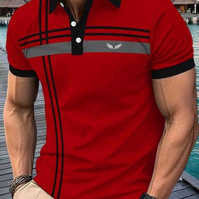 TEMU Men's Summer Shirt - Casual Striped Short Sleeve With Button Collar, 100% Polyester Knit Fabric, Stretch, Regular Fit, Half - Golf & Tennis Sportswear Image