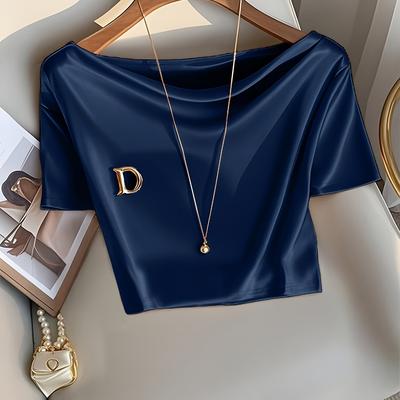 TEMU Women's Elegant Solid Color Cropped Peplum Top - Stretchy Short Sleeve Shirt For Parties, Dates & Work, Versatile Ootd Essential, Crop Top Blouse, Date Night Attire, Medium Elasticity Image