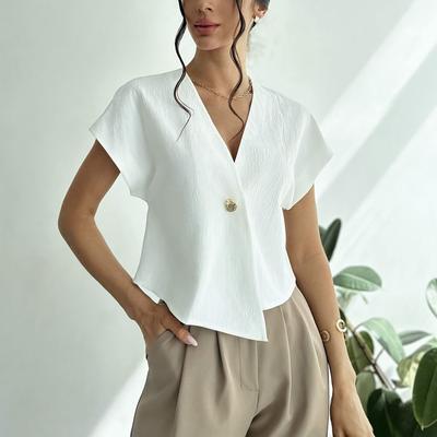 TEMU Elegant Women's V-neck Button Blouse - Short Sleeve, , Lightweight & Breathable Fabric, Summer Or Casual , Festive Attire | Minimalistic Design | Smooth Texture Image