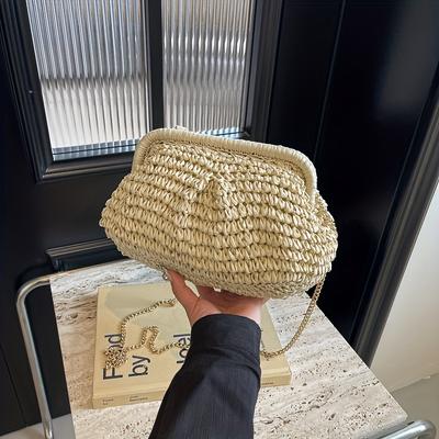 TEMU [] Women's Summer Straw Weave Clutch Bag - Fashionable Chain Shoulder Crossbody In Khaki, , Cream, Or Green - Lightweight, For Beach And Casual Image