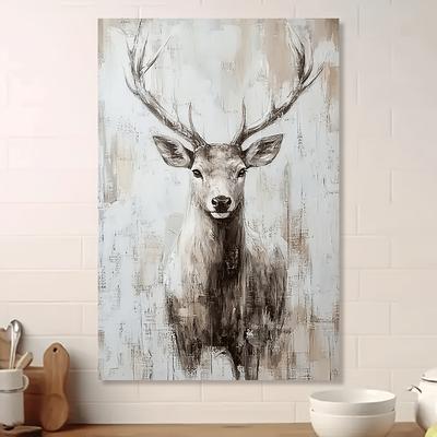 TEMU 1pc Elegant Deer Head Canvas Art Print - Modern Watercolor Wall Decor, Neutral Tones With Textured Background, Bedroom, Living Room, Office, Cafe - Unframed, Deer Home Decor Image