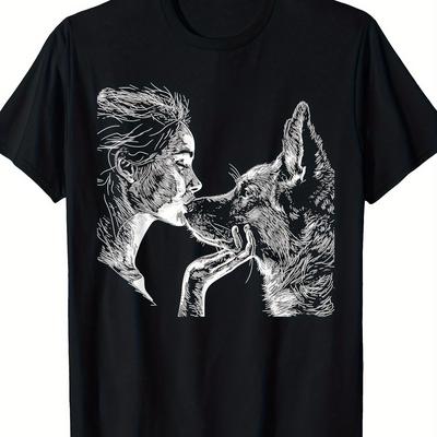 TEMU Men's German Shepherd & Graphic T-shirt - 100% Cotton Slim Neck, Slightly Stretchy Short Sleeve Tee With Geometric Dog Lover Design, Casual Shirt For Weekend Wear, Dog Shirt Image