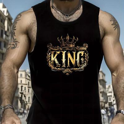 TEMU King Geometric Print Men's Tank Top - Breathable Polyester, Casual Summer Sleeveless Shirt With Round Neck, Machine Washable Image