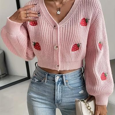 TEMU Women's Shoulder Cardigan - V-neck Button Front Short Sleeve Open Front Casual Elegant Blouse For Spring Summer Fall, Seasonal Fashion, Knitwear, Durable Fabric Image