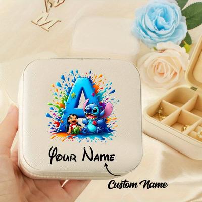TEMU 1 Jewelry Box, Custom Name With Stitch And Cartoon Pattern 26 Letter Print Travel Accessory Organizer, Storing Rings And Earrings, Ideal Gift For Day/birthday/holidays, Jewelry Boxes Image