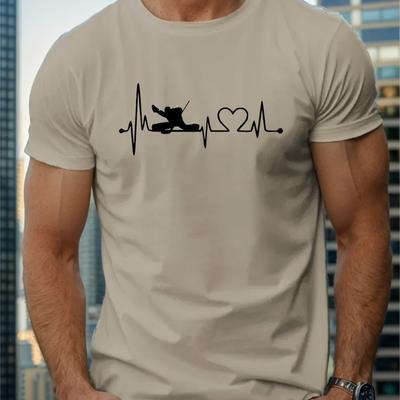 TEMU Hockey Ekg Print T-shirt, Casual Comfy Breathable Slightly Stretch Crew Neck Tee, Men's Clothing For Summer Outdoor Image