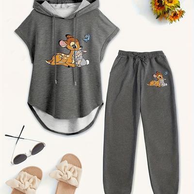 TEMU Officially Licensed 2 Piece Drawstring Sleeveless Hooded Top Summer Letter Print Pants, Elastic Waist Casual Pants, Pants Set Image