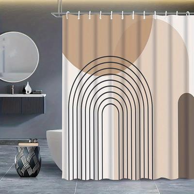 TEMU 1pc Minimalist Geometric Shower Curtain With Hooks - Beige, Brown & White Polyester Bathroom Divider, Machine Washable, Modern Home Decor, Bathroom Decor And Accessories Image
