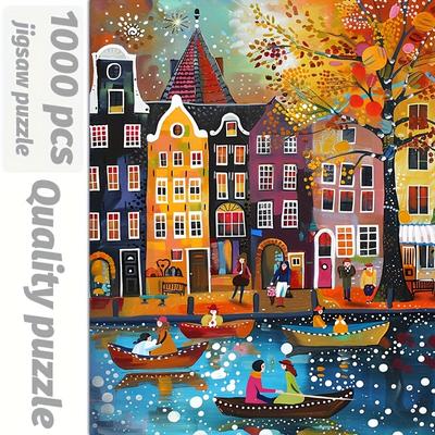 "TEMU 1000pcs For Adults - Challenging Diy Brain Teaser With Vibrant Cartoon Artwork, Autumn Canal Scene, High-, 27.5"x19.6", Family & Home Decor, Quality , Colorful Puzzle, Intricate Design" Image
