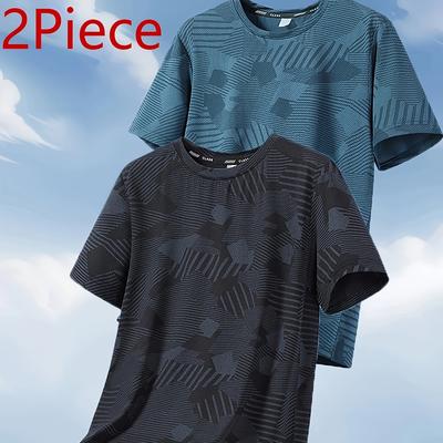 TEMU 2pcs Men's Plus-size Extended T-shirts - Tropical Camouflage Print, 89% Polyester/11% Elastane Blend, Lightweight 256gsm Round Neck Short Sleeve Casual Tops For Wear, Plus Size Image