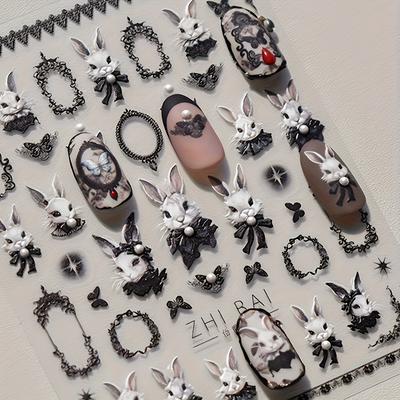 TEMU 5d Self-adhesive Nail Art Stickers - Cute Cartoon Rabbit & Pearl Embossed Decals For Diy , Glossy Animal-themed Designs For Nails, Cups & Notebooks Image