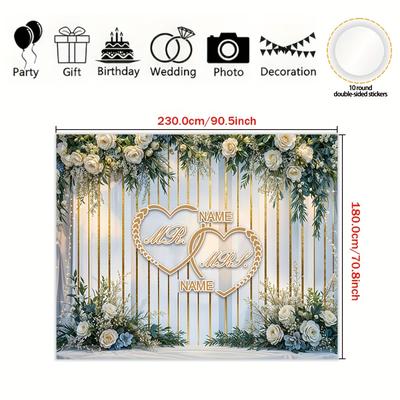 TEMU Customizable Wedding Backdrop Banner With Heart & - Durable Polyester, Personalized Name Option, Indoor/outdoor Party Decor, Living Room, And Home Wall Art, Wedding Decoration Image