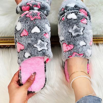 TEMU Women's & Star Pattern Slippers - Soft Non-slip Tpr Sole, Cozy Plush Fabric Indoor House Shoes, Cute Gift For Mom, Wife, Girlfriend (pink/black), Cute Slippers Image