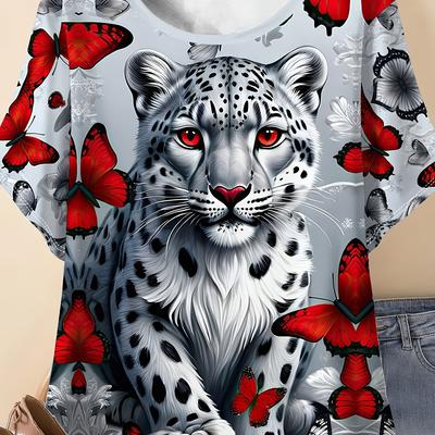 TEMU Summer Casual Plus Size Women's Round Neck Short Sleeve T-shirt, 3d Print Cool Leopard Pattern, Oversized Ladies' Top Outdoor Wear Image