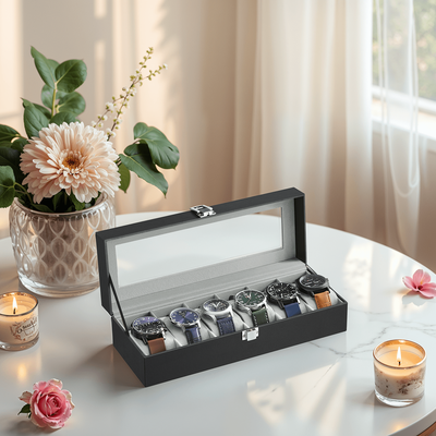 TEMU Watch Box With 6 Compartments, Watch Case, Glass Lid, Removable Watch Cushions, Metal Closure, Pu Cover In Black Image