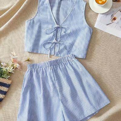 TEMU Women's Casual Summer Striped Two-piece Set - Sleeveless Top With Lace-up Detail & Shorts, Light , Vacation And Relaxation, Vacation Attire||stripe Pattern Image