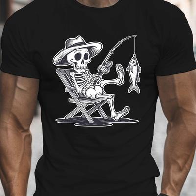 TEMU Men's Casual Skeleton Fishing Print T-shirt - Crew Neck, Short Sleeve, Lightweight & Comfy For Summer Image