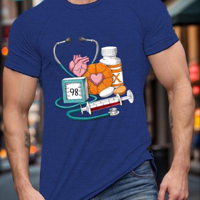 TEMU Men's Polyester Casual Crew Neck T-shirt With Medical Illustration Print, Regular Fabric Short Sleeve Tee With Geometric Pattern, Summer Wear For Adults Image