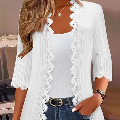 TEMU Women's Plus Size Elegant Lace-trim Open Front Cardigan - 3/4 Sleeve, White, Polyester, Machine Washable, Spring & Fall, Lace Cardigan Image