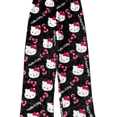 TEMU For Hello Kitty Women's Flannel Pajama Pants - Y2k Style, Soft & Cozy, Cartoon Pattern, Long Casual Lounge Wear, Autumn Gifts, Comfortable & Relaxed Fit, Cute Pajamas Image