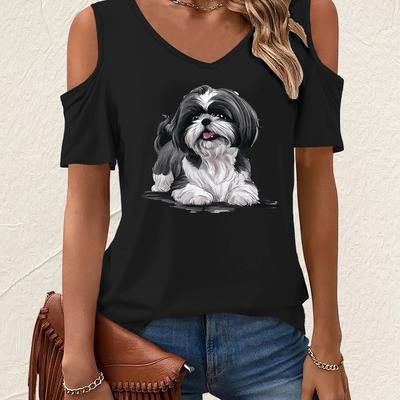 TEMU Women's Casual Off-shoulder V-neck T-shirt With Cute Dog Print - Soft & Comfortable Summer Top, White, Short Sleeve, Lightweight Polyester Blend, Casual Attire, Top | Dog Print | Glossy Texture Image