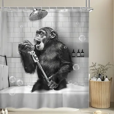 1pc/4pcs - Funny Monkey Shower Curtain Set, Black and White Animal Chimpanzee Singing in Bathtub, Mens Modern CoolBathroom Decor
