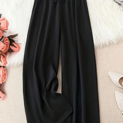 TEMU Women's Plus Size Elegant Wide-leg Pants With Drawstring - , Solid Black, Flowing Design, Machine Washable, Spring/summer/fall, Spring Fashion Pants | Drawstring Detail | Image