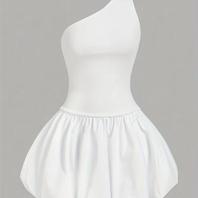 TEMU Modern Solid Color Asymmetrical Mini Dress For Women - Casual Rayon Ruffle Hem, Off-shoulder Balloon Skirt Style, Spring/summer Image
