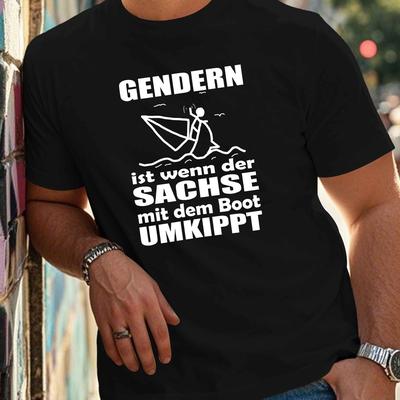 TEMU [funny Touch] Men's Casual Crew Neck T-shirt With German Humor Print, Polyester, Regular Fit, Summer Tee With Geometric Pattern, Tee Shirt Image