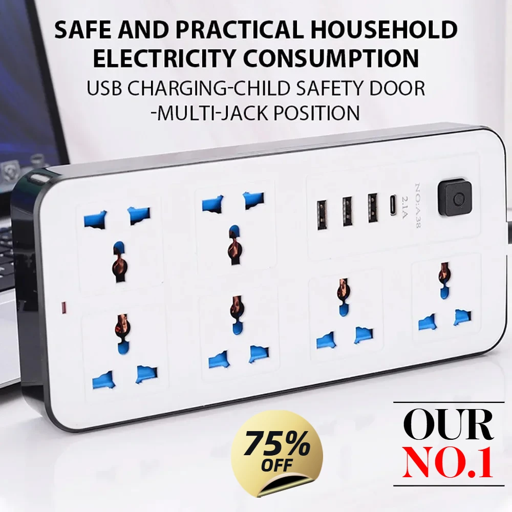 TypeC USB-Anschluss Steckdose Steckdosenleiste Universal-Steckdosenleiste 2 m Verlängerungskabel AC-Steckdose Ladung Steckdose EU/US/UK-Stecker Image