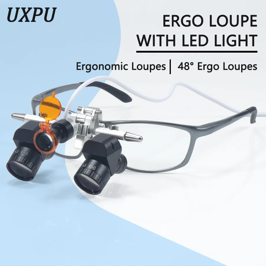 5X Dental 48 ° Ergo Lupen Arbeitsabstand 350–550 mm chirurgische am Kopf montierte Lupen, 5 W LED-Scheinwerfer, verstellbare optische PD-Lupen Image