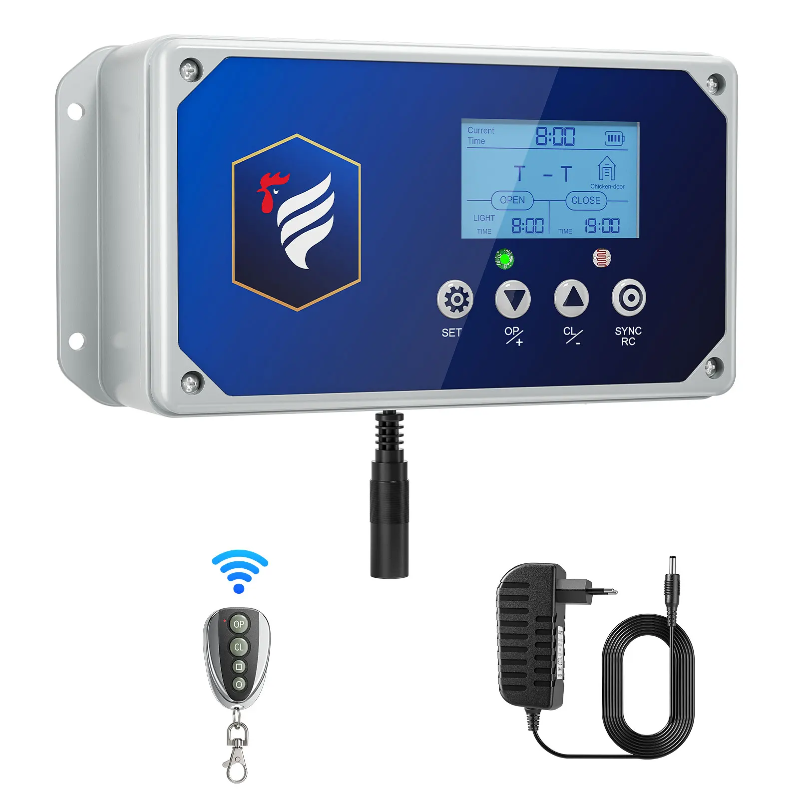 Automatische Hühnerkontrollbox, LED-Anzeige Hühnertür-Steuerbox mit Fernbedienung und Timer, 4kg Zugkraft (ohne Tür) Image
