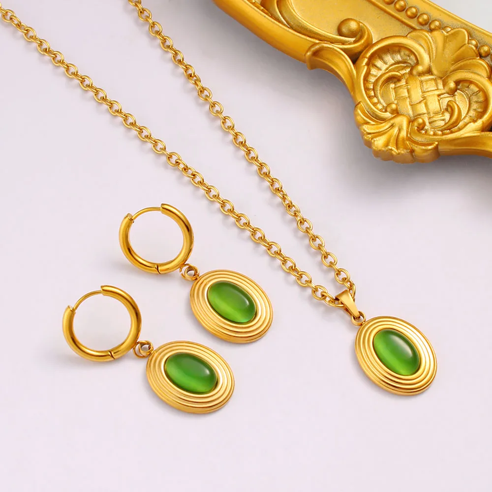 USENSET Hellgrüne Farbe, ovaler Edelstein, Edelstahl-Schmuckset für Damen, 2-teilig, Hochzeit, Party, Accessoires Image
