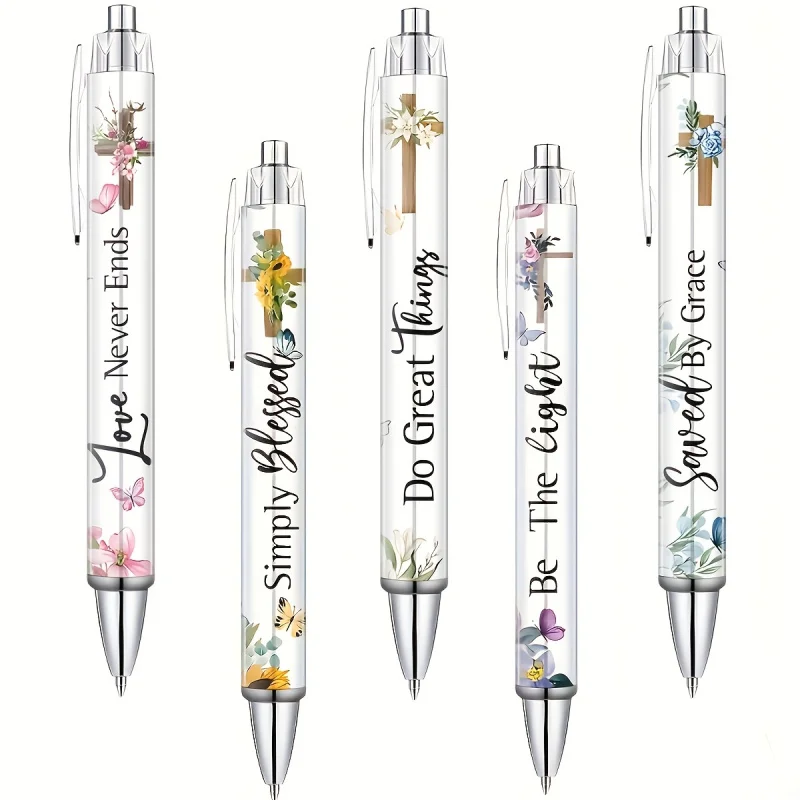 5-teiliges Kugelschreiber-Set mit christlichen inspirierenden Zitaten – einziehbare Büro-Tintenstifte für Herren und Damen Image