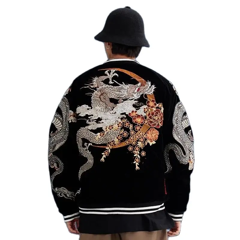 Sukajan-Souvenirjacke für Herren, lockere Mäntel mit Drachen-Stickerei, Hip-Hop-Streetwear, Weinrot und Schwarz, High-Street-Mode