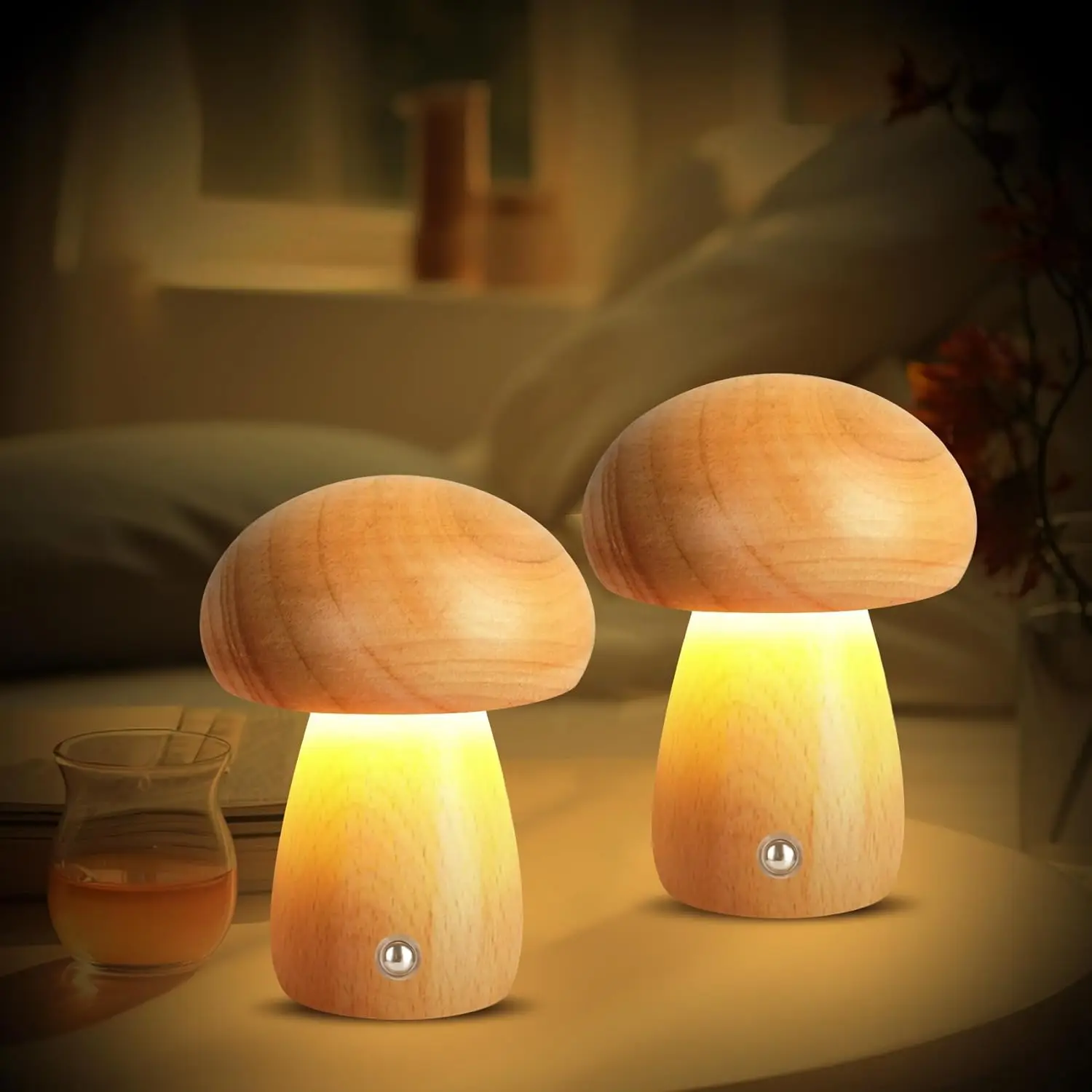 Pilzlampe aus Holz, tragbare kabellose wiederaufladbare batteriebetriebene Lampe, stufenlose Dimmung, Nachtlicht für Geburtstagsgeschenke Image