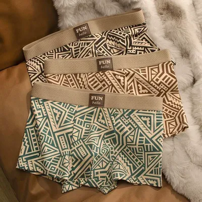 Atmungsaktive, bequeme Unterwäsche für Herren im amerikanischen Stil, personalisierte Boxershorts, bedruckt, trendige ethnische Retro-Quadrat-Unterhose Image