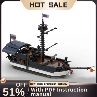 1666Pcs Moc European Medieval Pirates Series Sea of Thieves Sloop Warship Model Creative Ideas Image