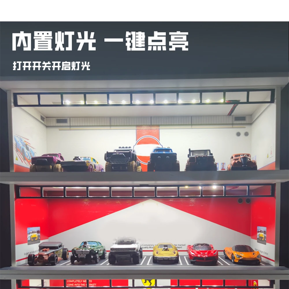 1/64 Auto Garage Diorama Miniaturen Modelle LED-Beleuchtung Doppelstock Modellauto Garage Sammlung Display Geschenke Image