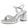 Sandalette TAMARIS, Damen, Gr. 38, silber (silberfarben), Textil, Lederimitat, glänzend, elegant, Schuhe, Blockabsatz, Abendschuh, Festtagsschuh, funkelnde Strasssteinchen