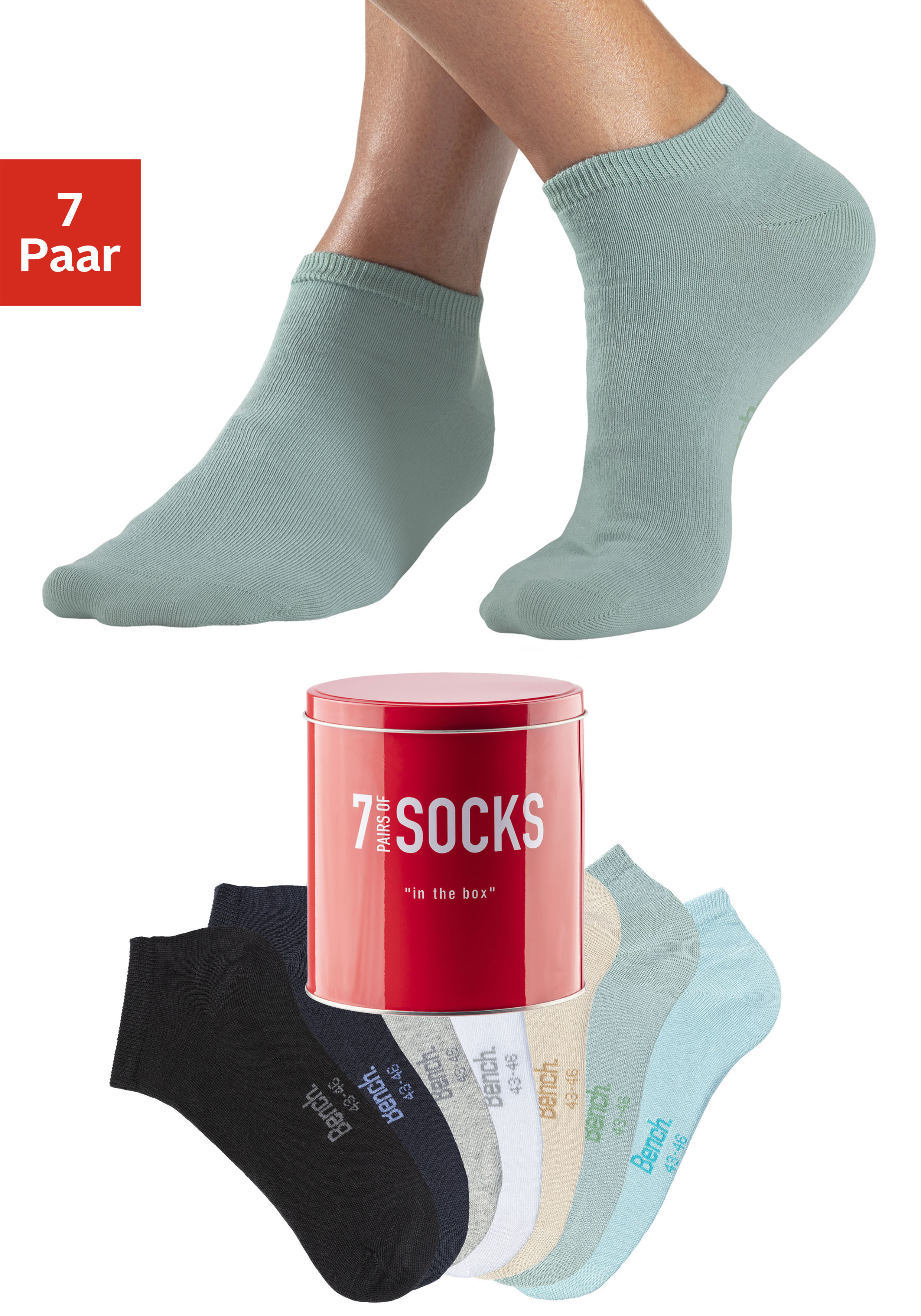 Sneakersocken BENCH., Herren, Gr. 39-42, schwarz (1x schwarz, 1x marine, 1x beige, 1x weiß, 1x grau meliert, 1x mint, 1x türkis), Baumwollmischung, unifarben, elastisch, Socken, verpackt in der Dose Image