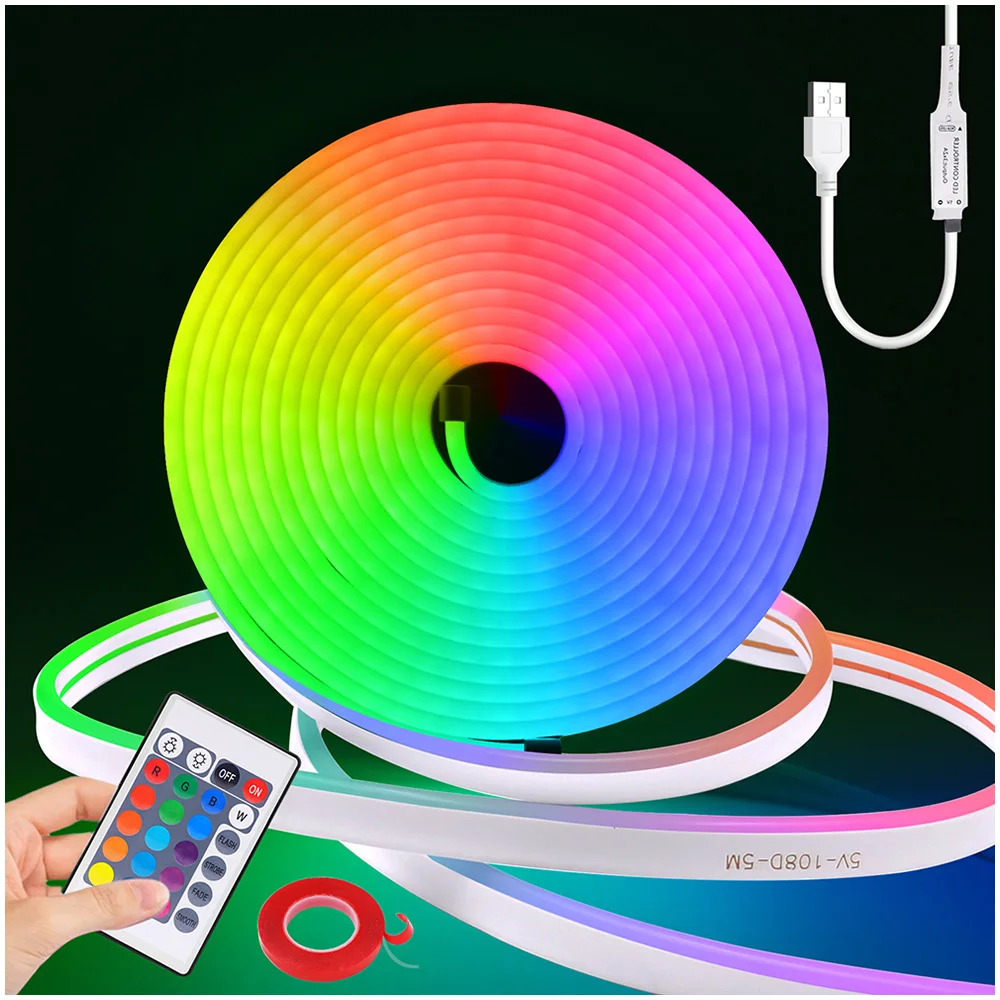 5V RGB Led Neon Streifen Lichtschlauch 24key Fernbedienung USB Kit mit selbstklebendem flexiblem Klebeband 1m 2m 5m 3535 108LED/m Heimdekoration