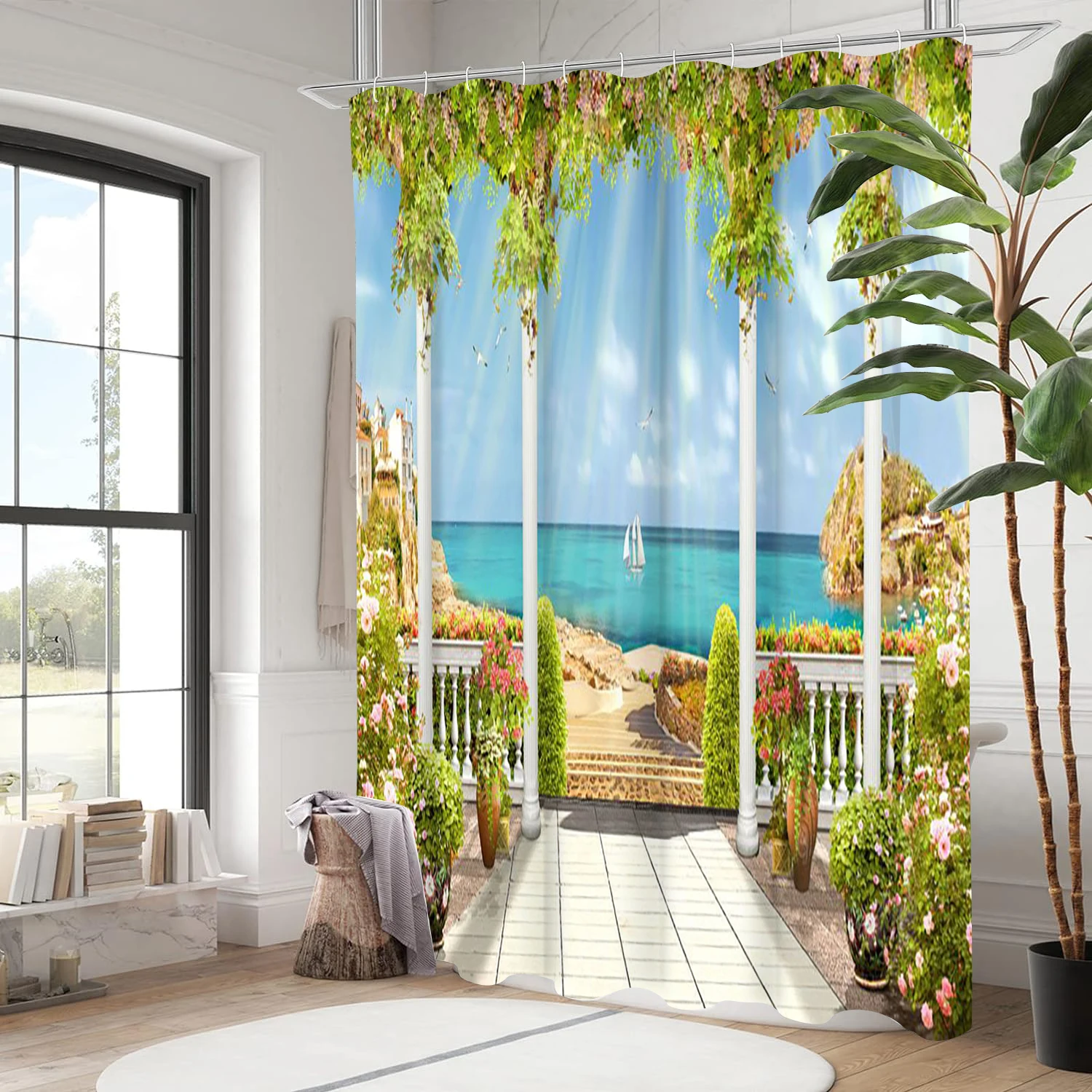 Badevorhang mit Landschaftsmuster, Badezimmer-Duschvorhang, wasserdicht, mit 12 Haken, Heimdeko, versandkostenfrei