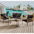 4 Pieces Patio Furniture Sets Wicker Outdoor Patio Table and Chairs Set with Glass Side Table Loveseat Chairs Boho Rattan Conversation Sets Outdoor Wicker Patio Bistro Set for Bistro Apartment